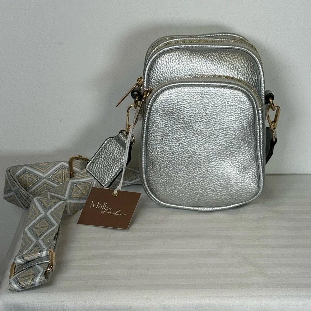 NEW Mali + Lili ‘Josephine’ Silver Vegan Leather Crossbody Bag Goldtone Hardware